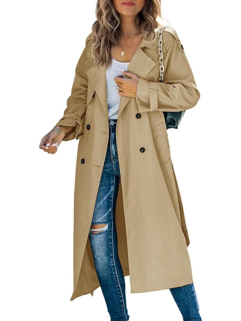 Stylish Women's Long Trench Coat, Double Breasted, Windproof Overcoat with Belt